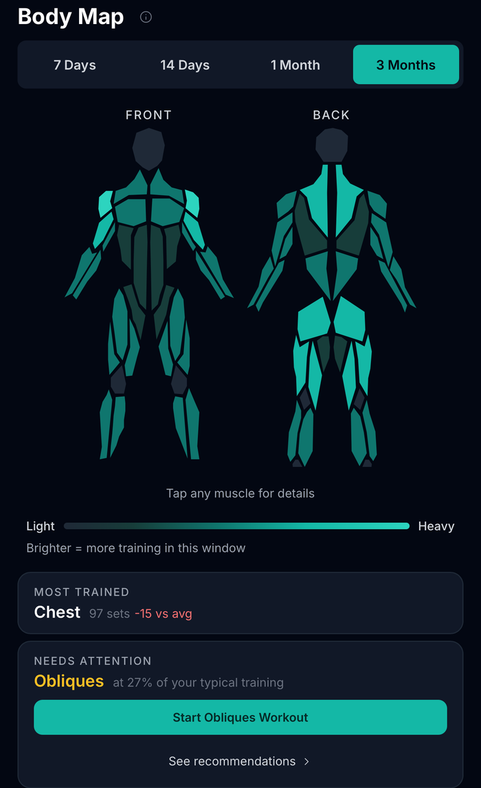 Via Fortis Body Map on the 3 month window. Chest at 97 sets, fifteen below average. Obliques flagged at 27% of typical training.