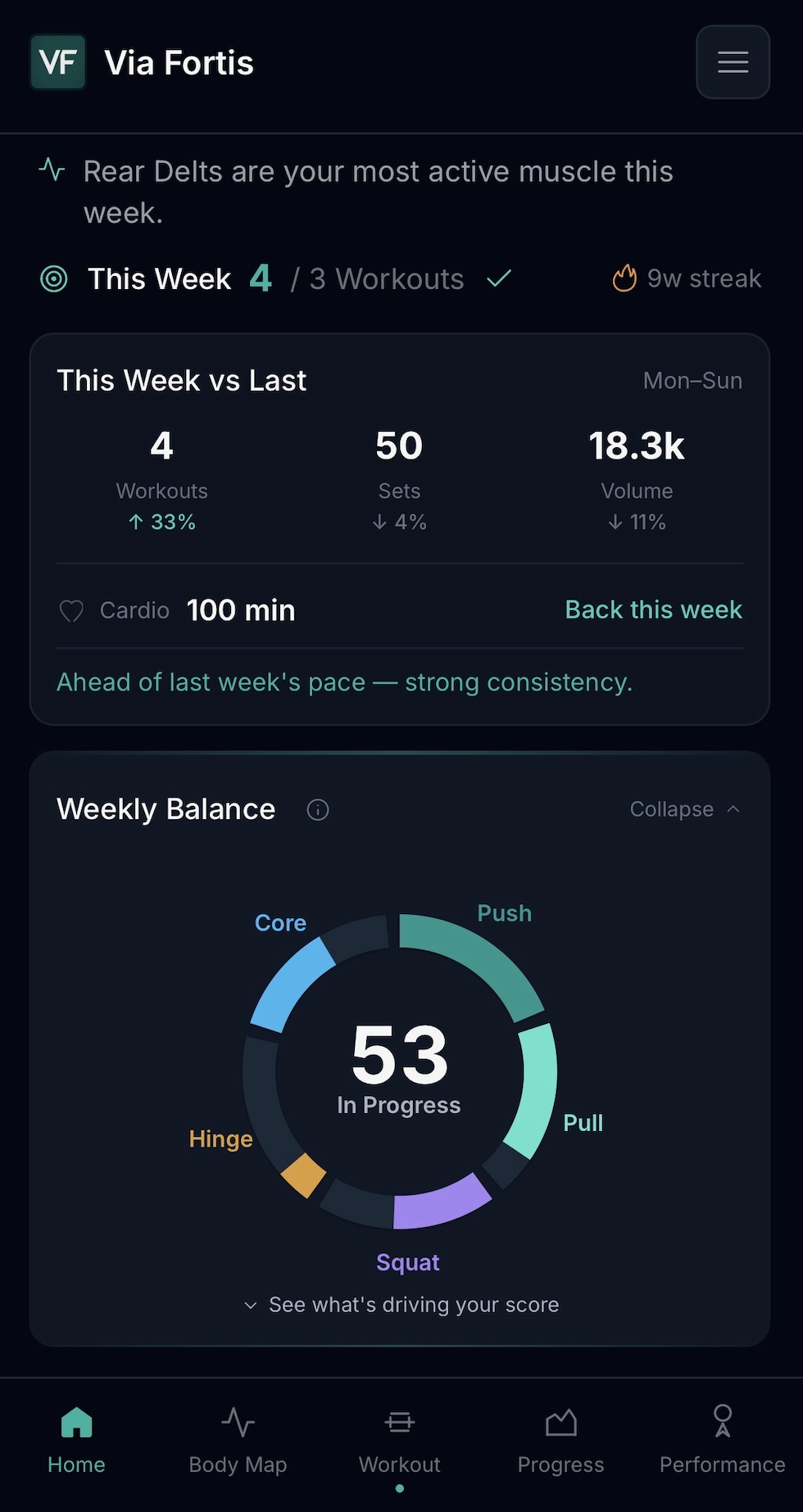 Via Fortis Weekly Balance showing which movement patterns are lagging behind this week.