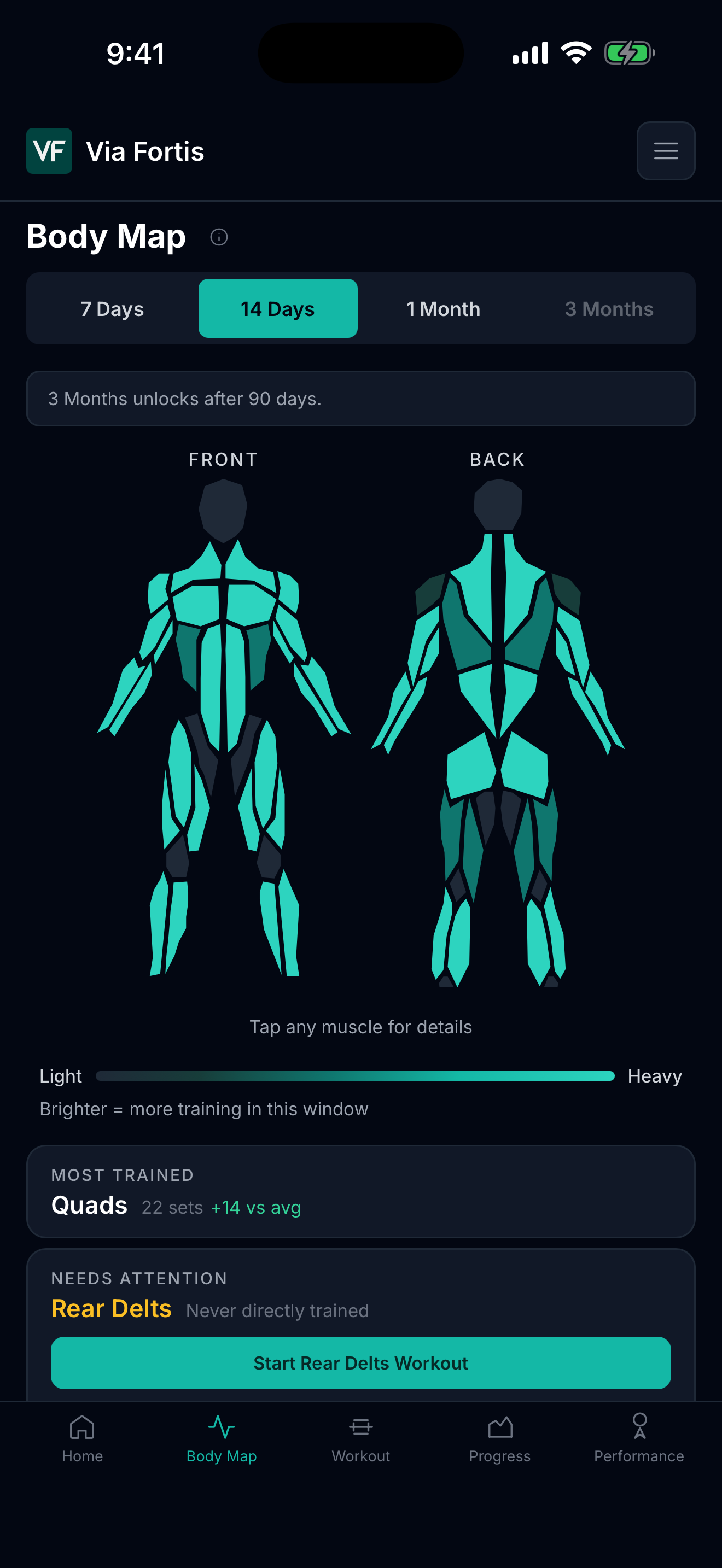 Via Fortis Body Map showing rear delts as a low-coverage area to review.